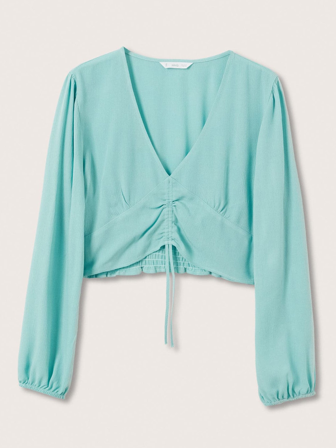 

Mango Kids Teen Girls Sea Green Crinkled Smocked Top with Tie-Ups & Ruched Detail