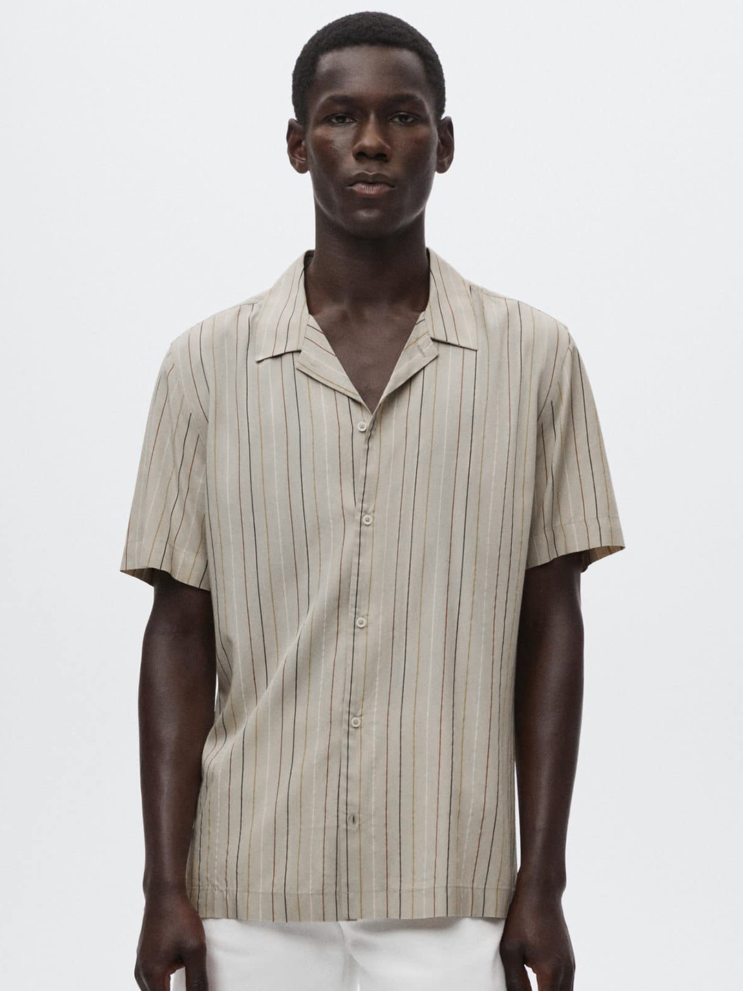 

MANGO MAN Men Beige Striped Cuban Collar Casual Shirt
