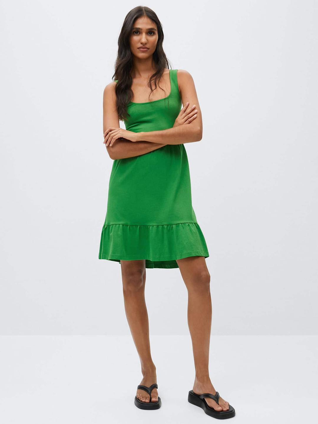 

MANGO Green Solid Cotton A-Line Dress