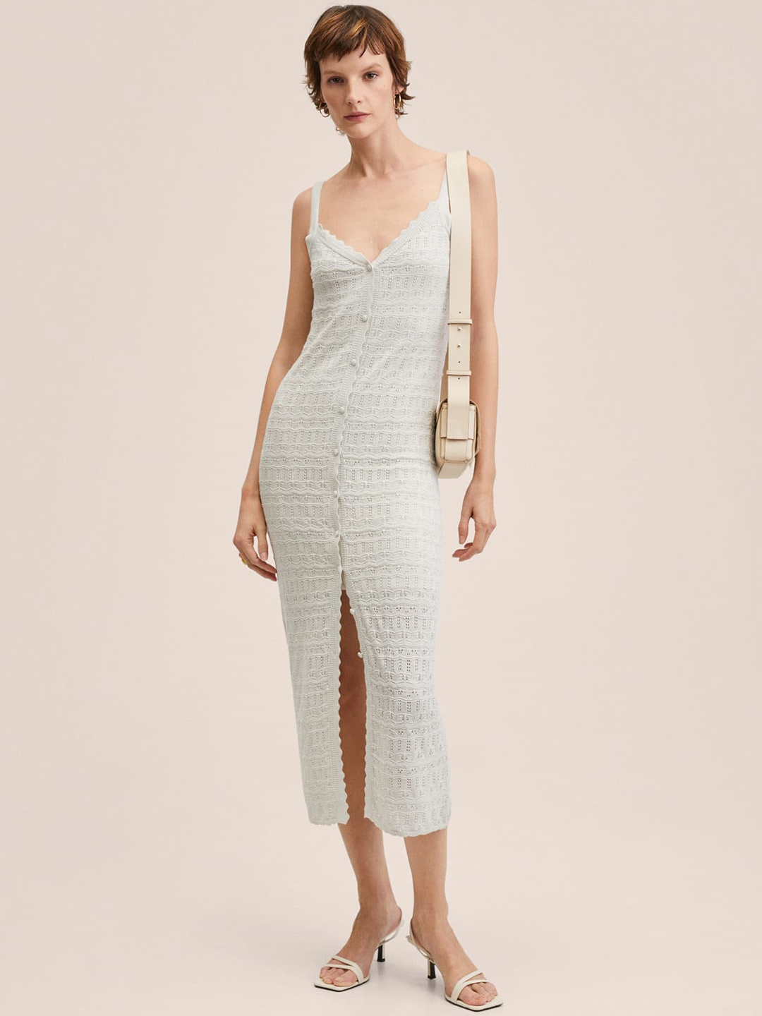 

MANGO Off White Ethnic Design Sheath Midi Dress