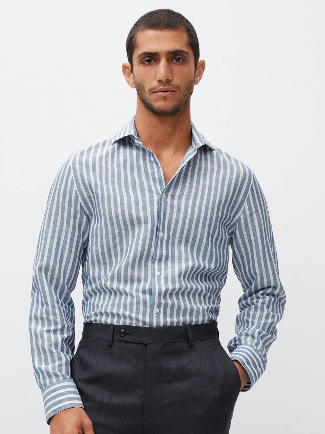

MANGO MAN Blue & White Linen Super Slim Fit Tailored Easy-Iron Striped Casual Shirt