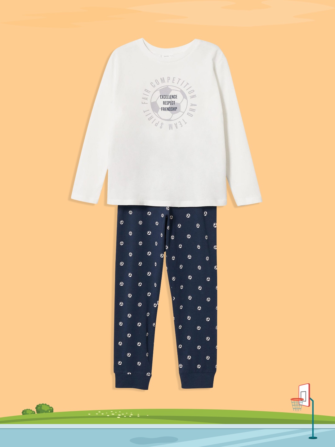 

Mango Kids Boys White & Navy Blue Printed Pure Cotton Pyjamas Set