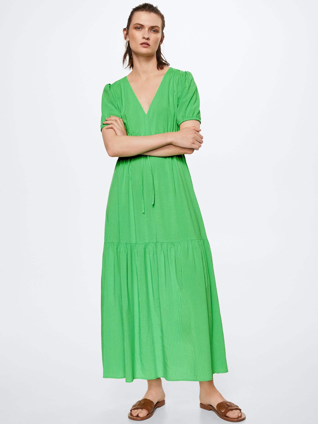 

MANGO Green Seersucker A-Line Maxi Dress