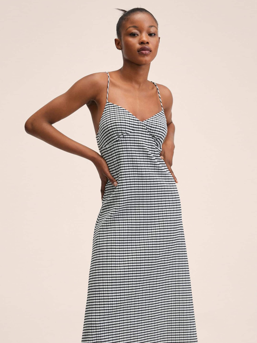 

MANGO Black & White Striped A-Line Midi Dress