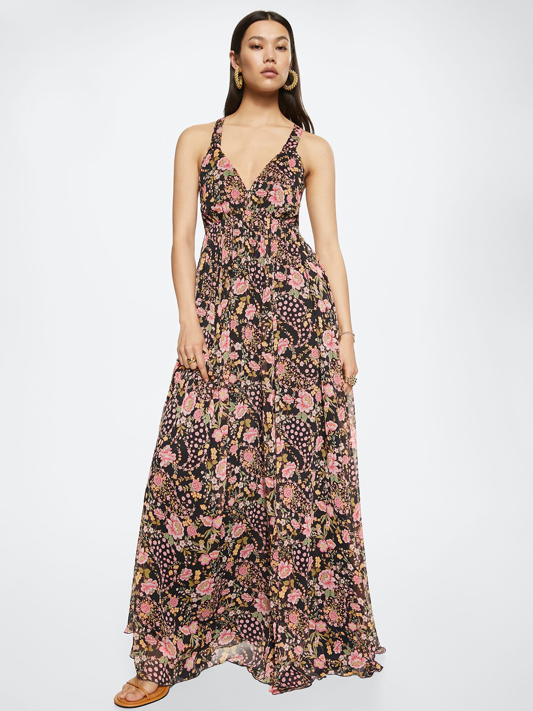 

MANGO Black & Pink Floral Print Maxi Dress