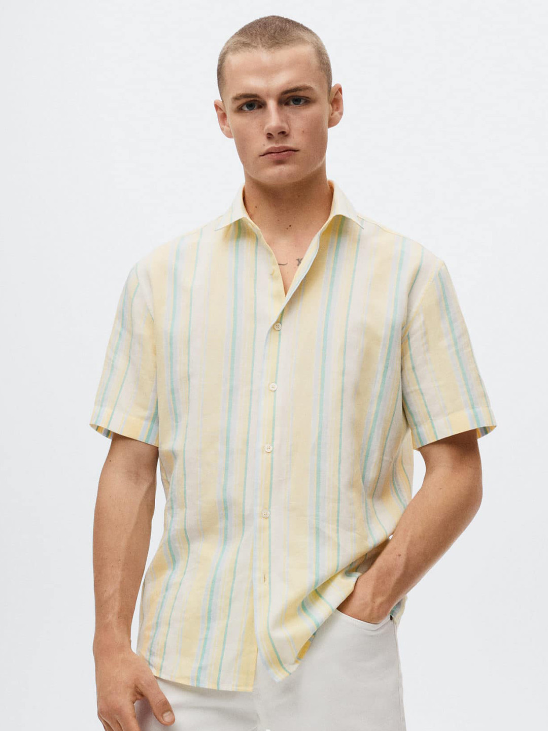 

MANGO MAN Yellow & Green Striped Casual Shirt