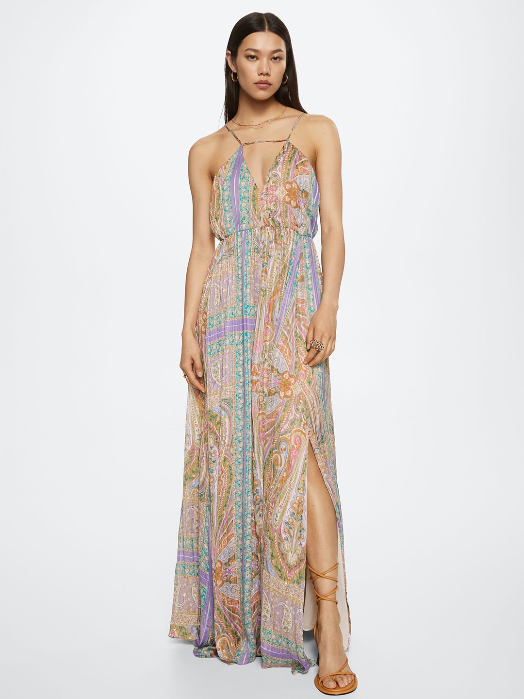 

MANGO Pink & Green Floral Maxi Dress
