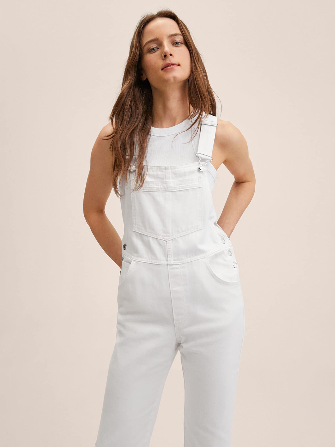 

MANGO White Solid Basic Jumpsuit