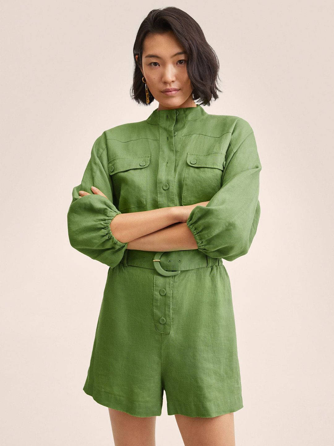 

MANGO Green Solid Linen Jumpsuit