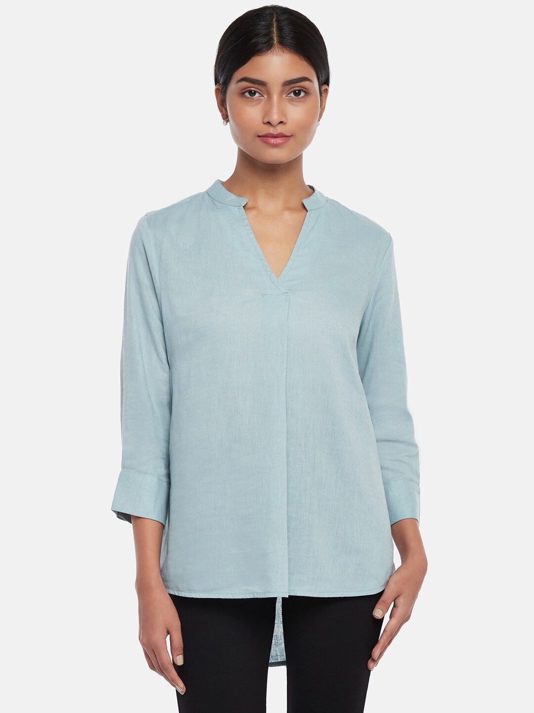 

Annabelle by Pantaloons Blue Mandarin Collar High-Low Top