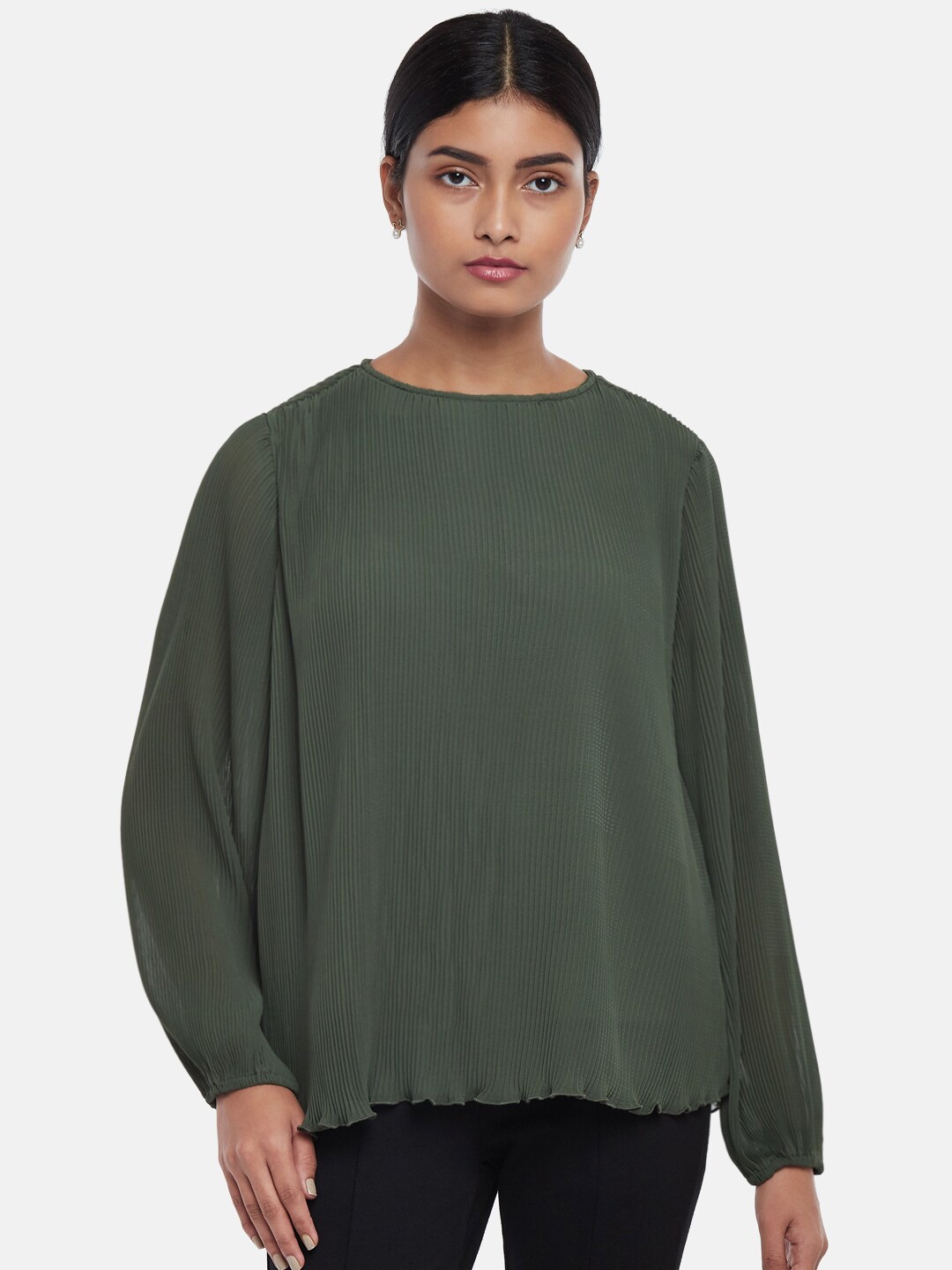 

Annabelle by Pantaloons Olive Green Solid Puff Sleeves Top