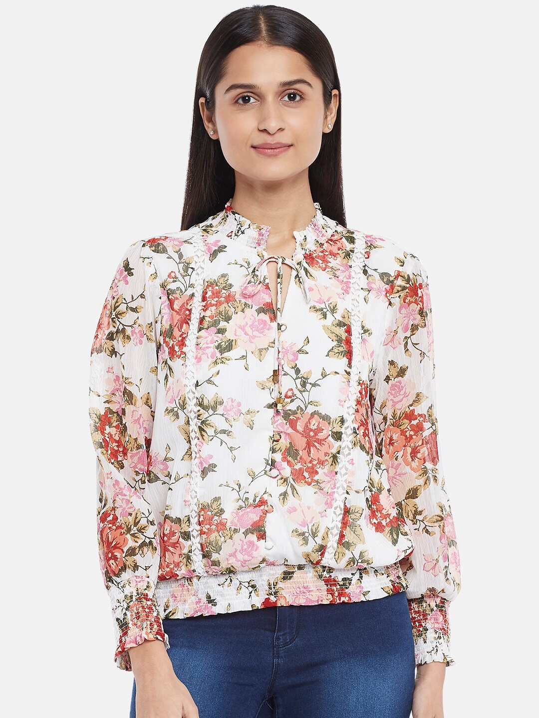 

Honey by Pantaloons Off White Floral Print Mandarin Collar Top