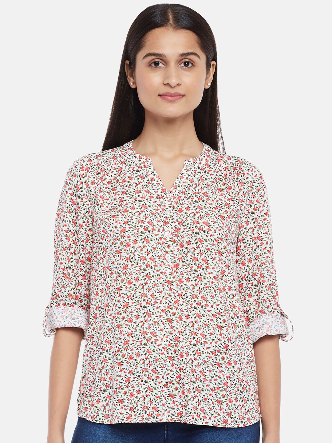 

Honey by Pantaloons Off White Floral Print Mandarin Collar Roll-Up Sleeves Top