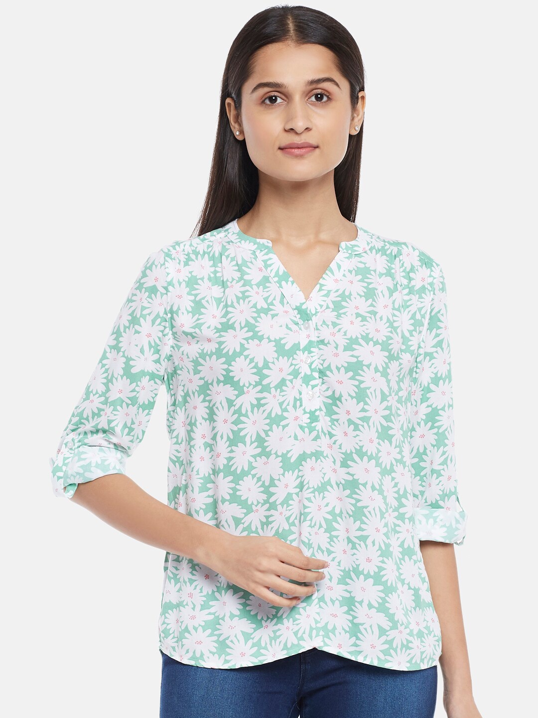 

Honey by Pantaloons Green Floral Print Mandarin Collar Roll-Up Sleeves Shirt Style Top