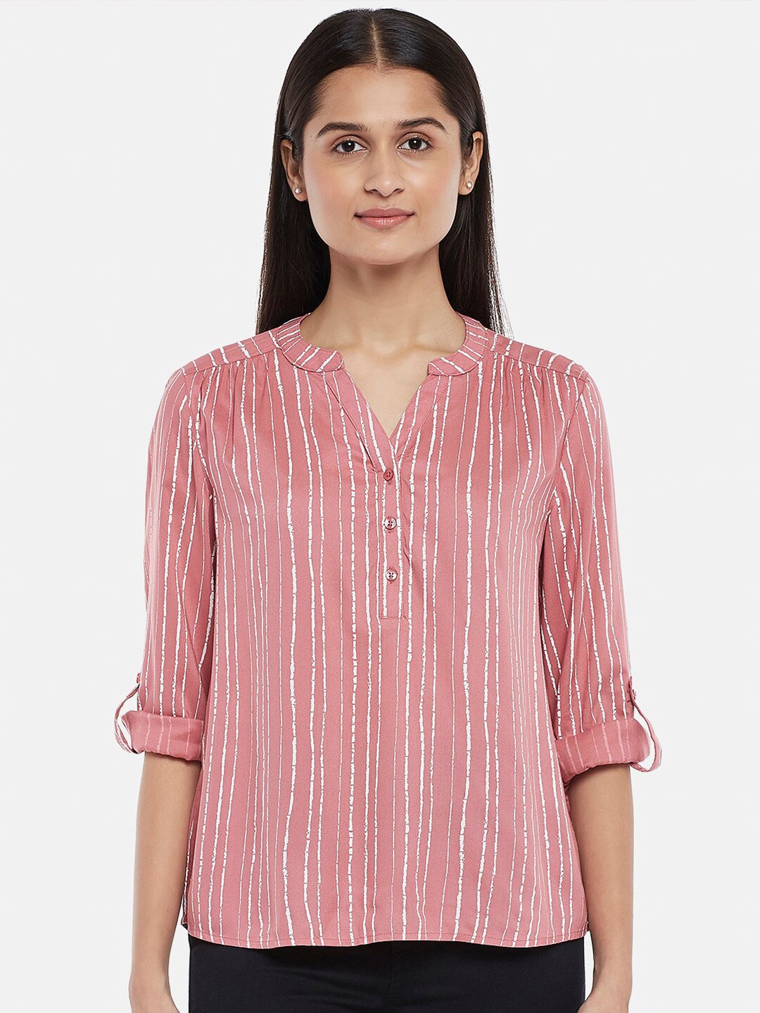 

Honey by Pantaloons Pink Striped Mandarin Collar Roll-Up Sleeves Shirt Style Top
