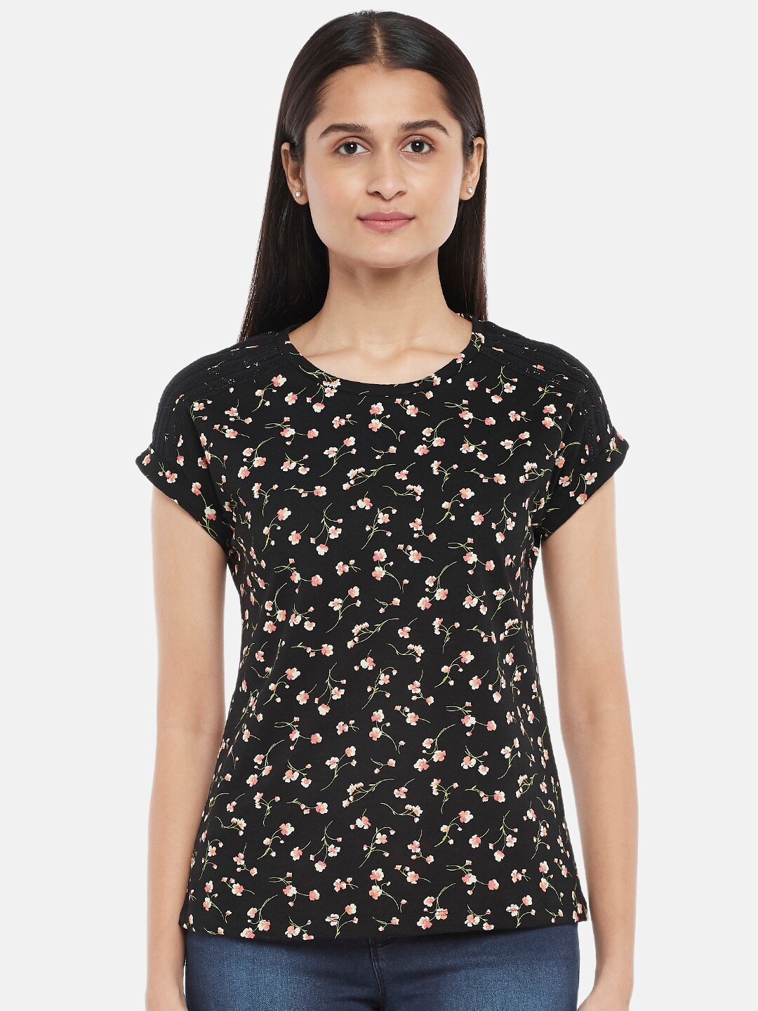 

Honey by Pantaloons Black Floral Print Extended Sleeves Top