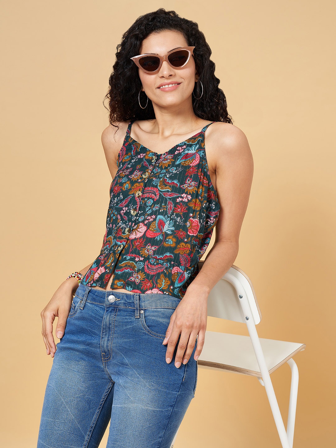 

People Blue Floral Print Crop Top