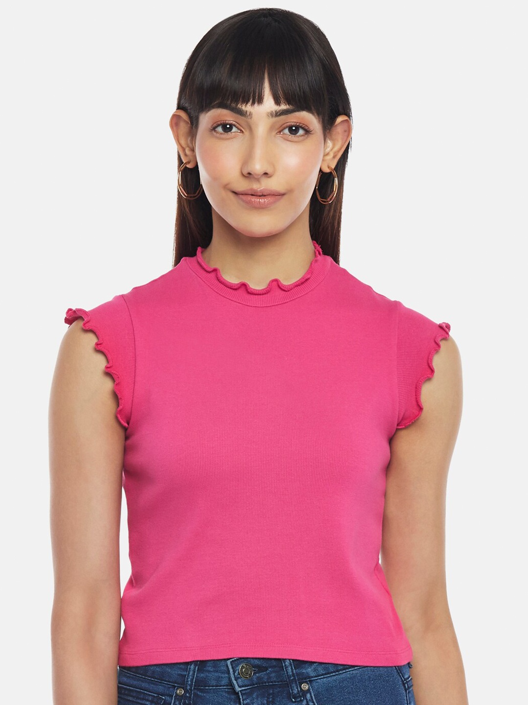 

People Fuchsia Solid Cap Sleeves Pure Cotton Fitted Crop Top
