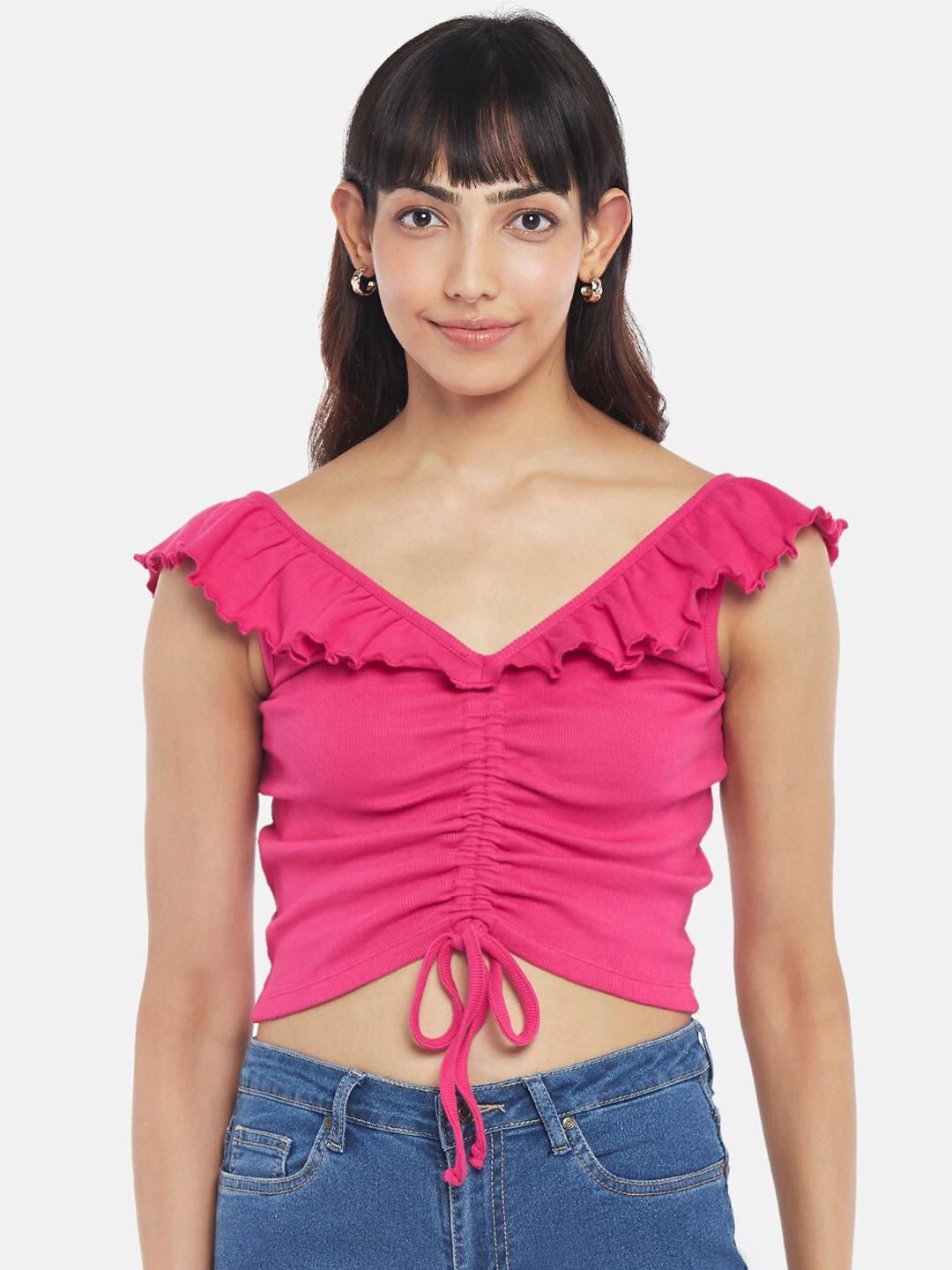 

People Pink Ruched Ruffles Pure Cotton Crop Top