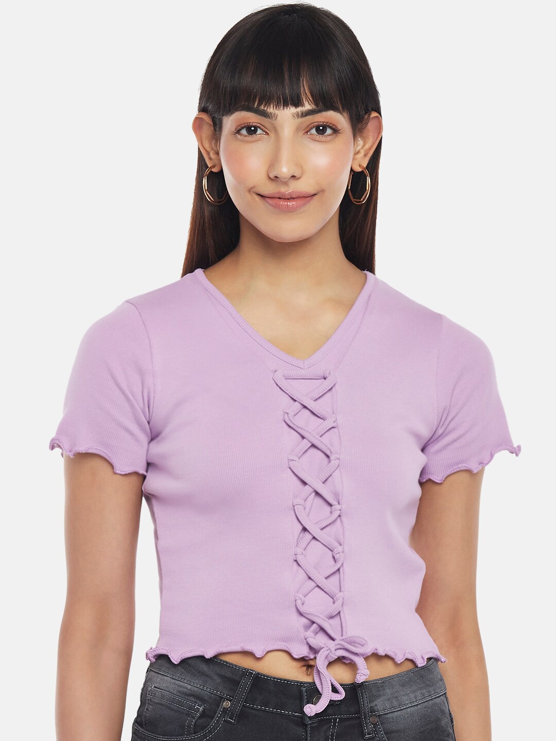 

People Lavender Ribbed Knitted Pure Cotton Crop Top