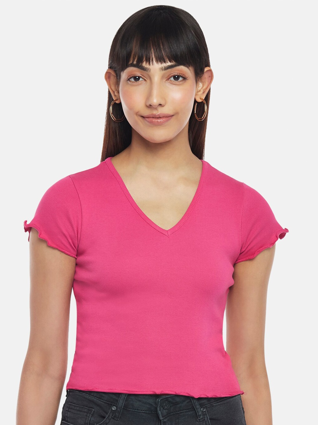 

People Pink V-Neck Pure Cotton Crop Top