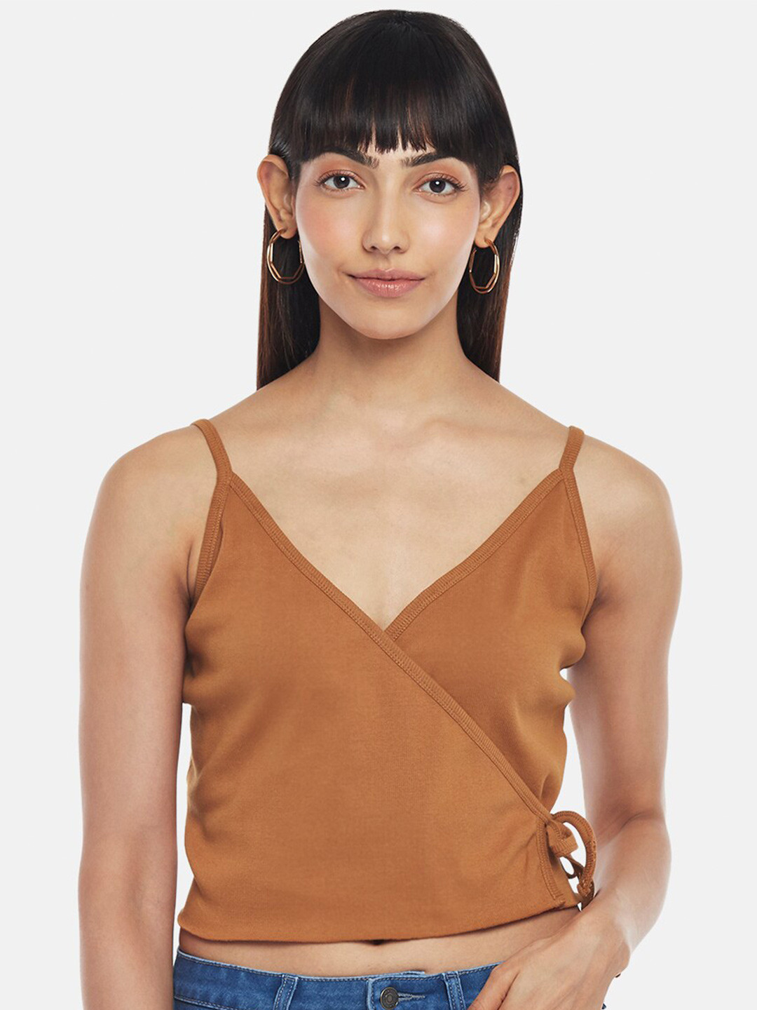 

People Brown Solid Wrap Crop Top