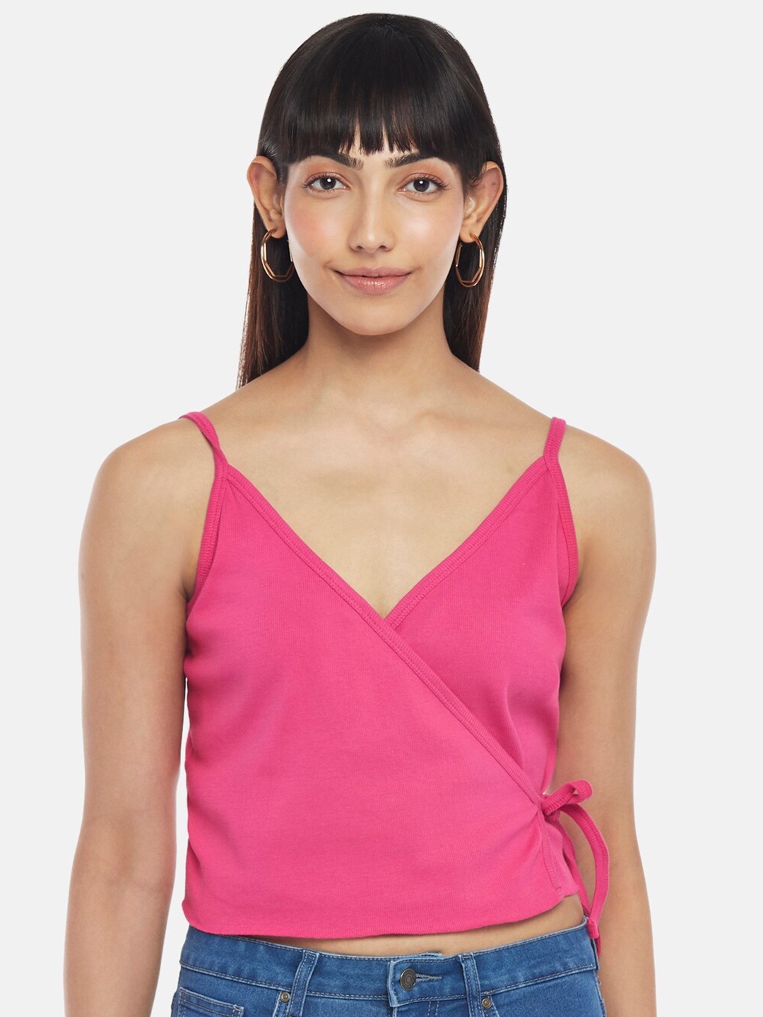 

People Fuchsia Solid Pure Cotton Wrap Crop Top