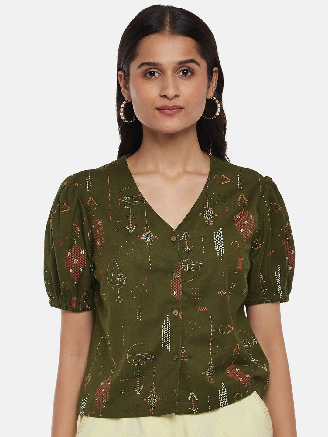 

AKKRITI BY PANTALOONS Olive Green Floral Print Top