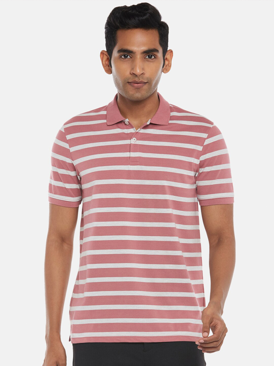 

BYFORD by Pantaloons Men Pink Striped Polo Collar Slim Fit T-shirt