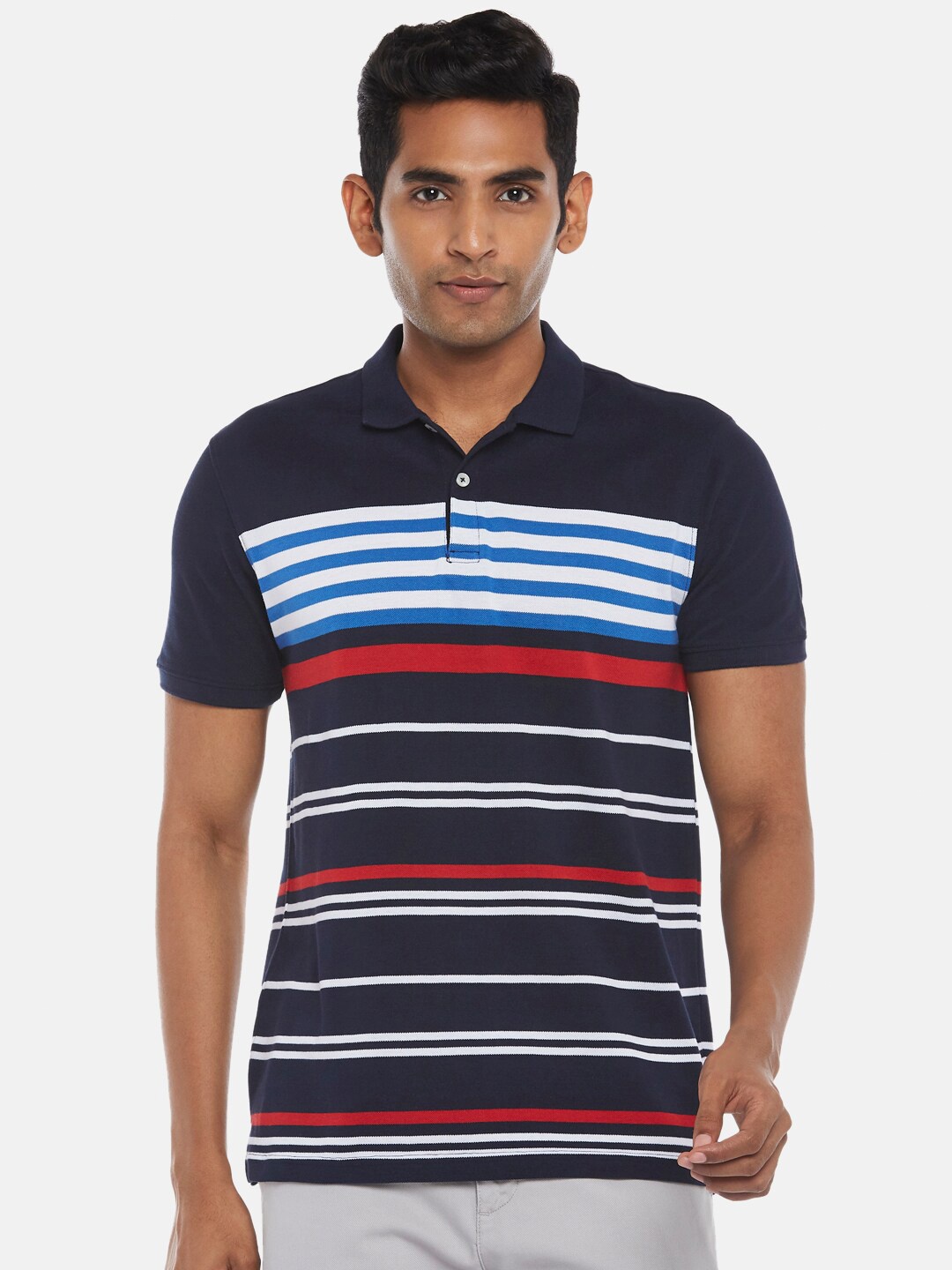 

BYFORD by Pantaloons Men Blue Striped Polo Collar Slim Fit T-shirt