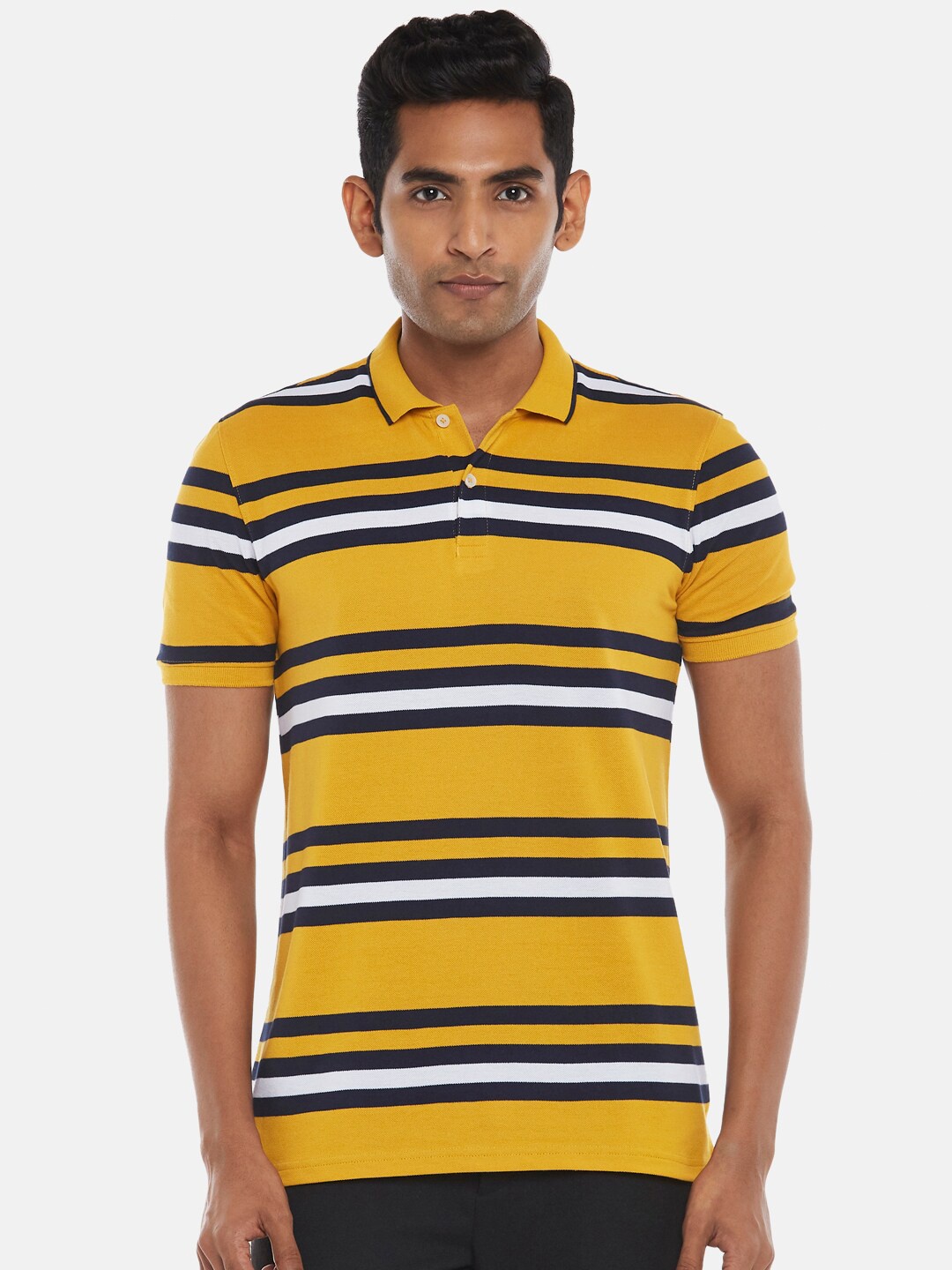 

BYFORD by Pantaloons Men Mustard Yellow Striped Polo Collar Slim Fit T-shirt