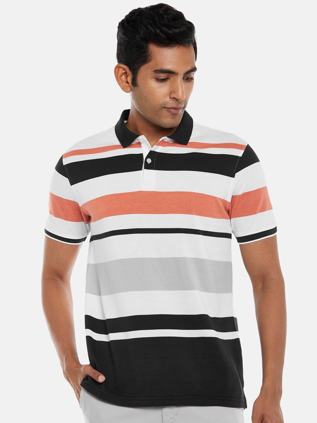 

BYFORD by Pantaloons Men White Striped Polo Collar Slim Fit T-shirt