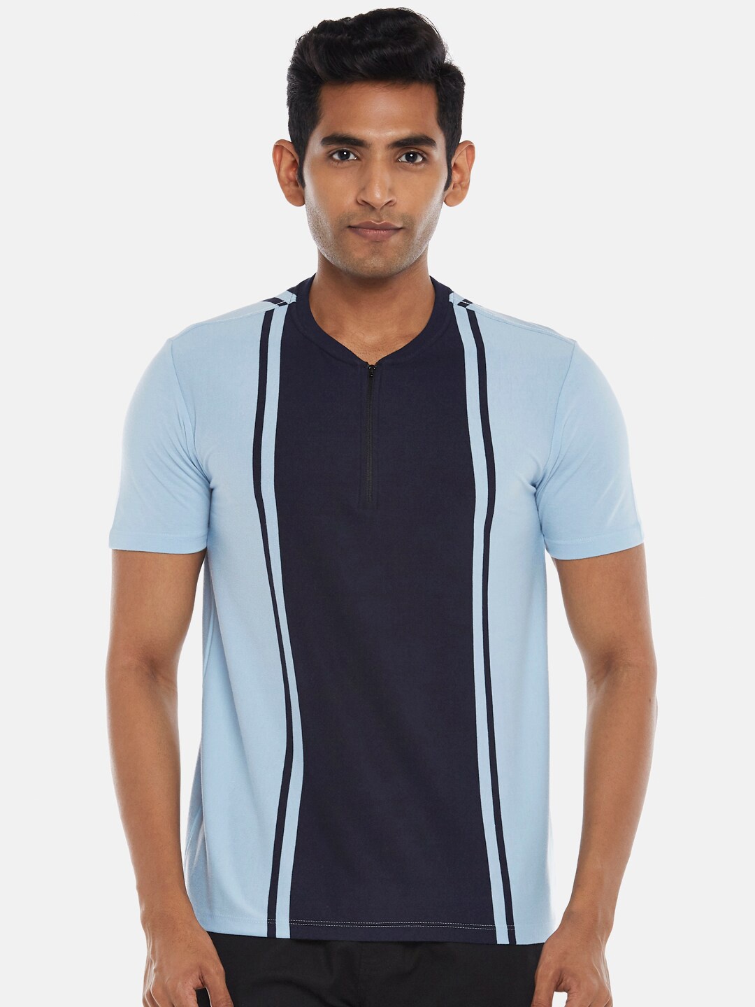 

Urban Ranger by pantaloons Men Blue Striped Raw Edge Slim Fit T-shirt