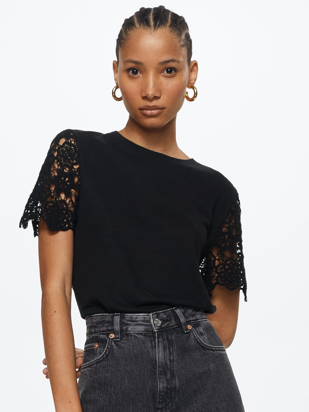 

MANGO Black Solid Lace Inserts Top