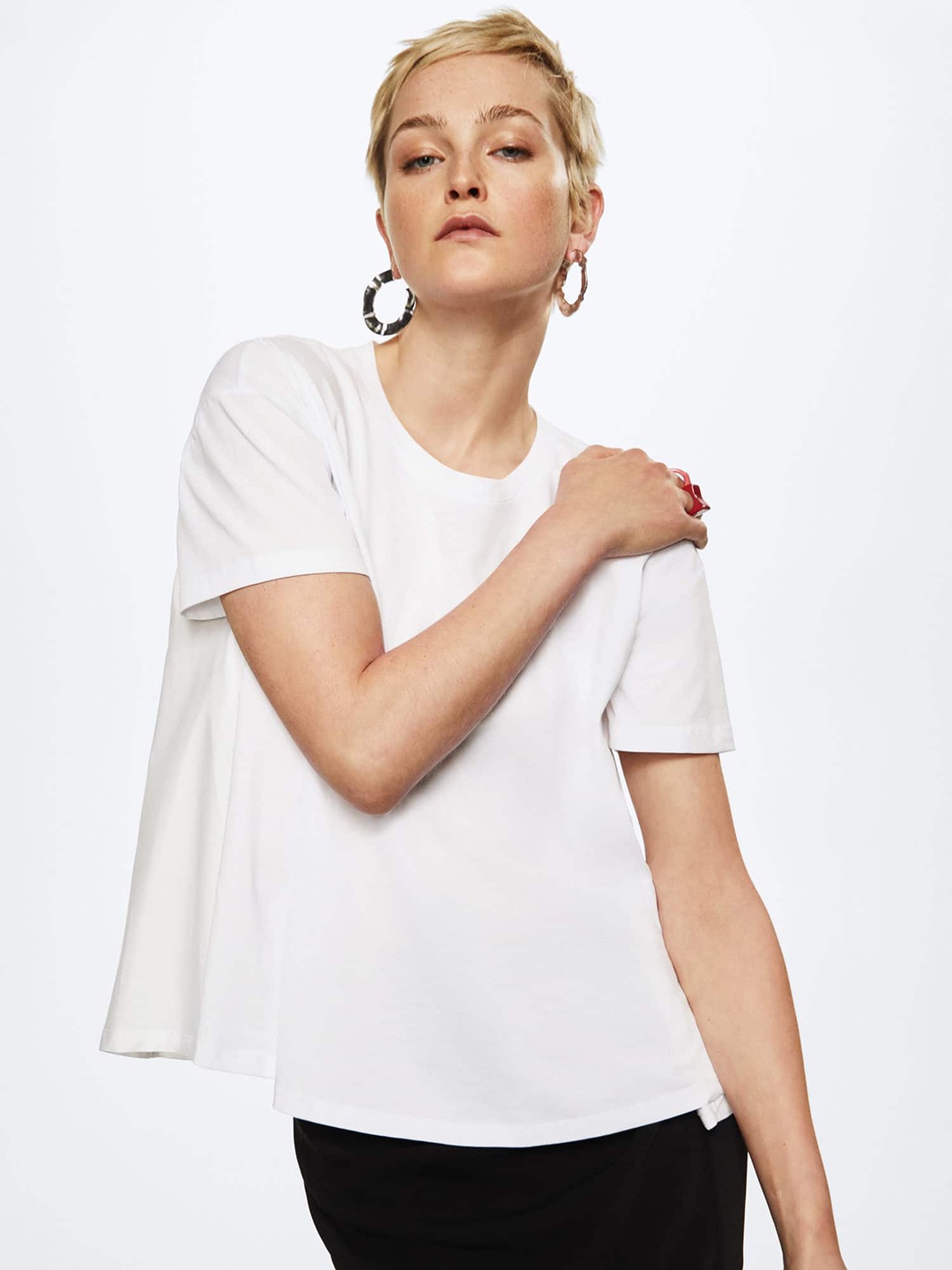 

MANGO Women White Extended Sleeves Pure Cotton T-shirt
