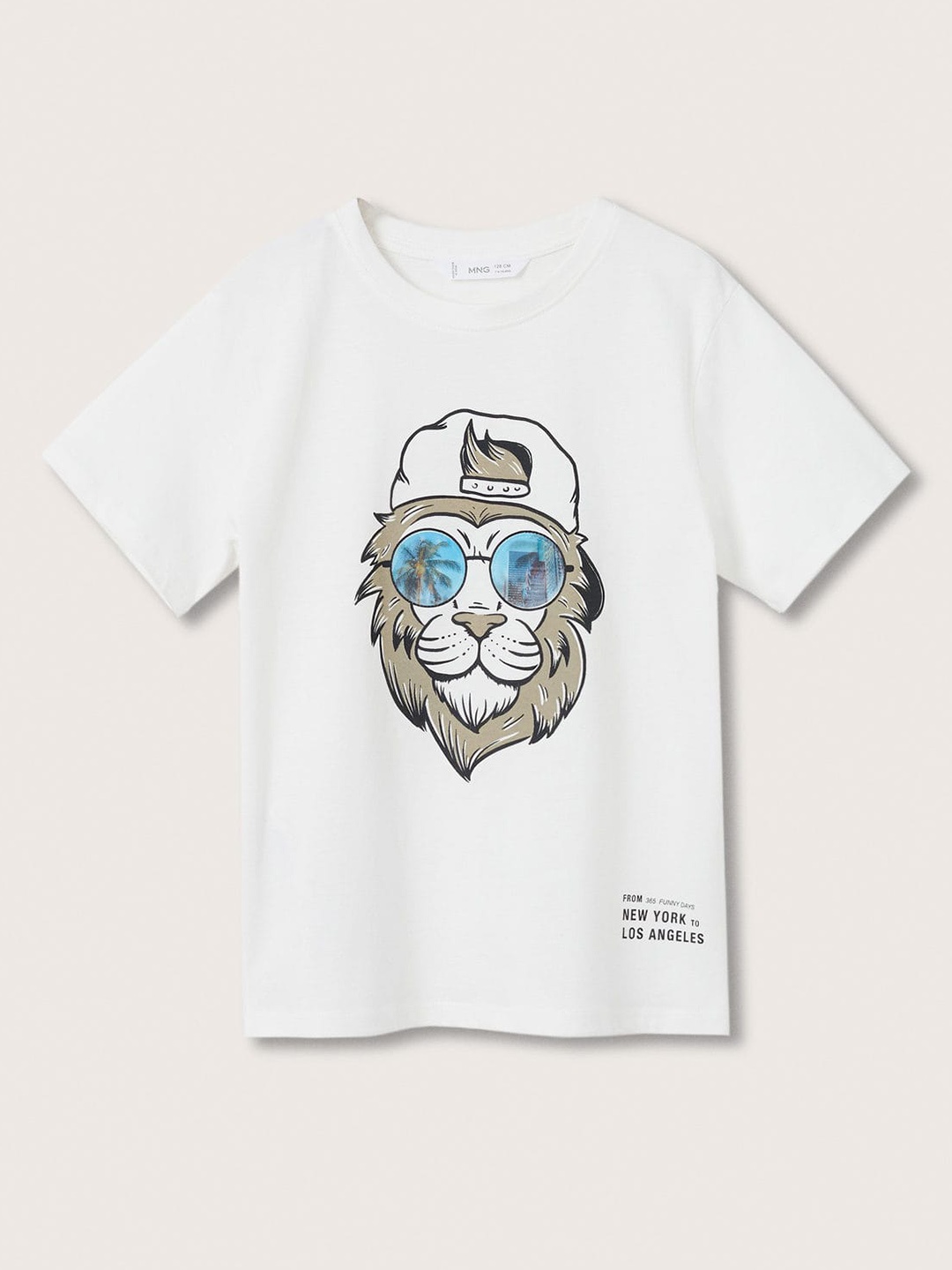 

Mango Kids Boys White & Taupe Printed Pure Cotton Applique T-shirt