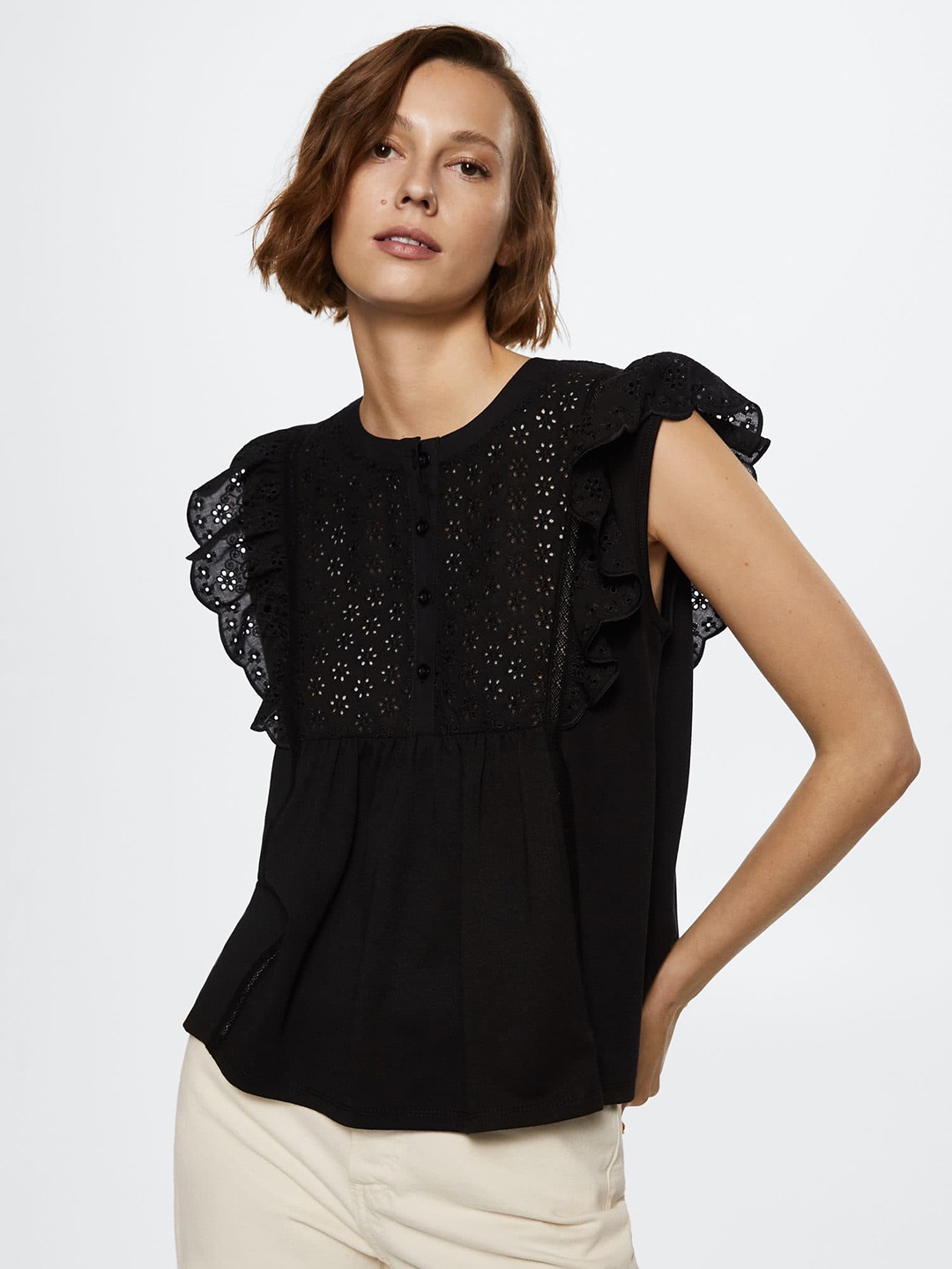 

MANGO Black Embroidered Detail Mandarin Collar Ruffles Top