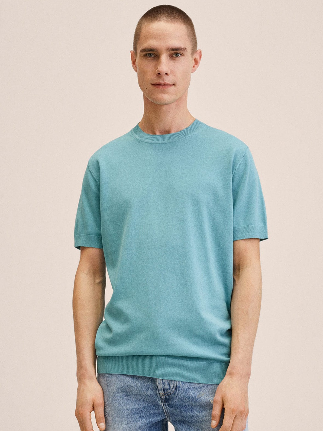 

MANGO MAN Men Turquoise Blue Solid T-shirt