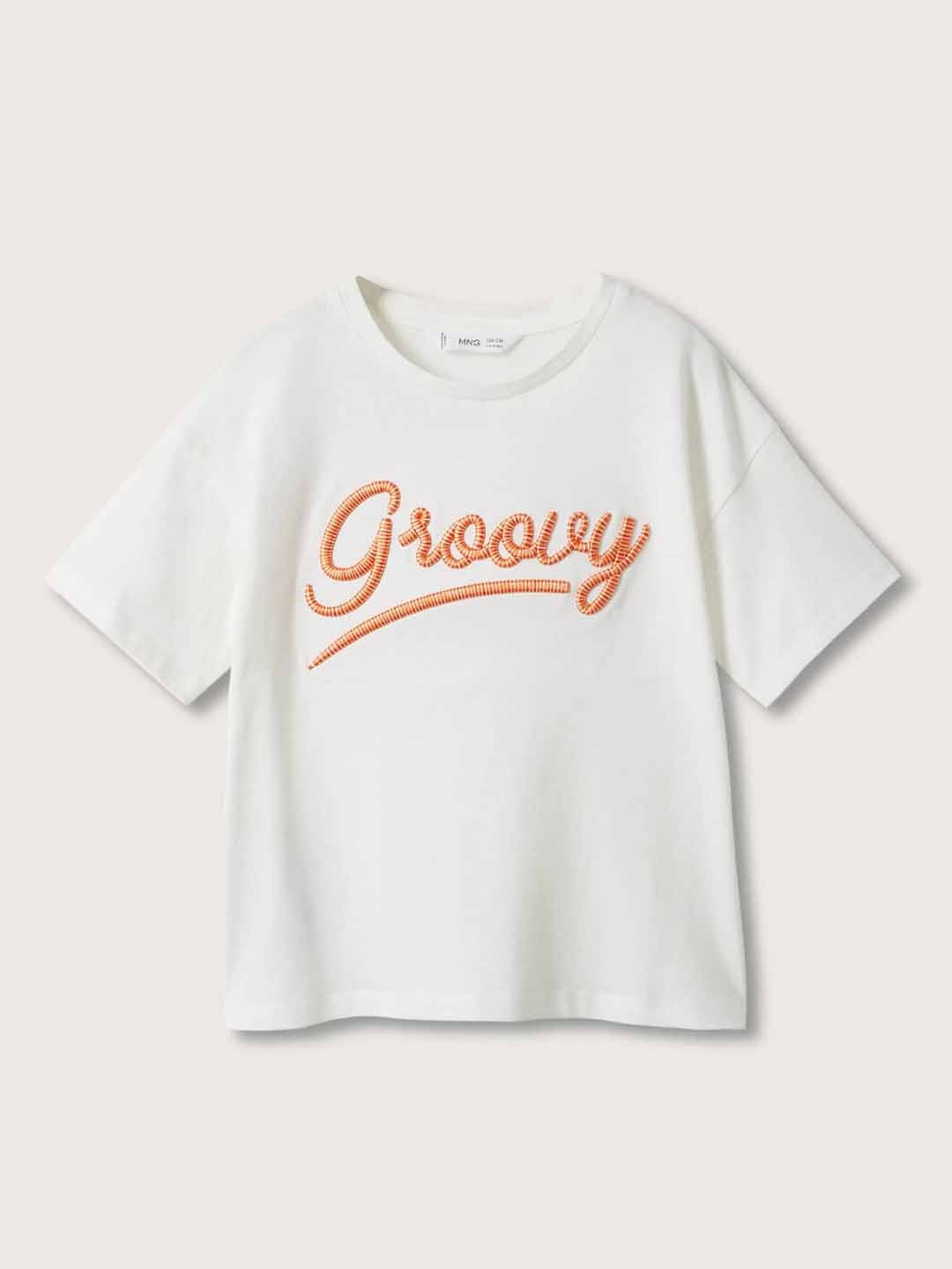 

Mango Kids Girls White & Orange Typography Embroidered Cotton T-shirt