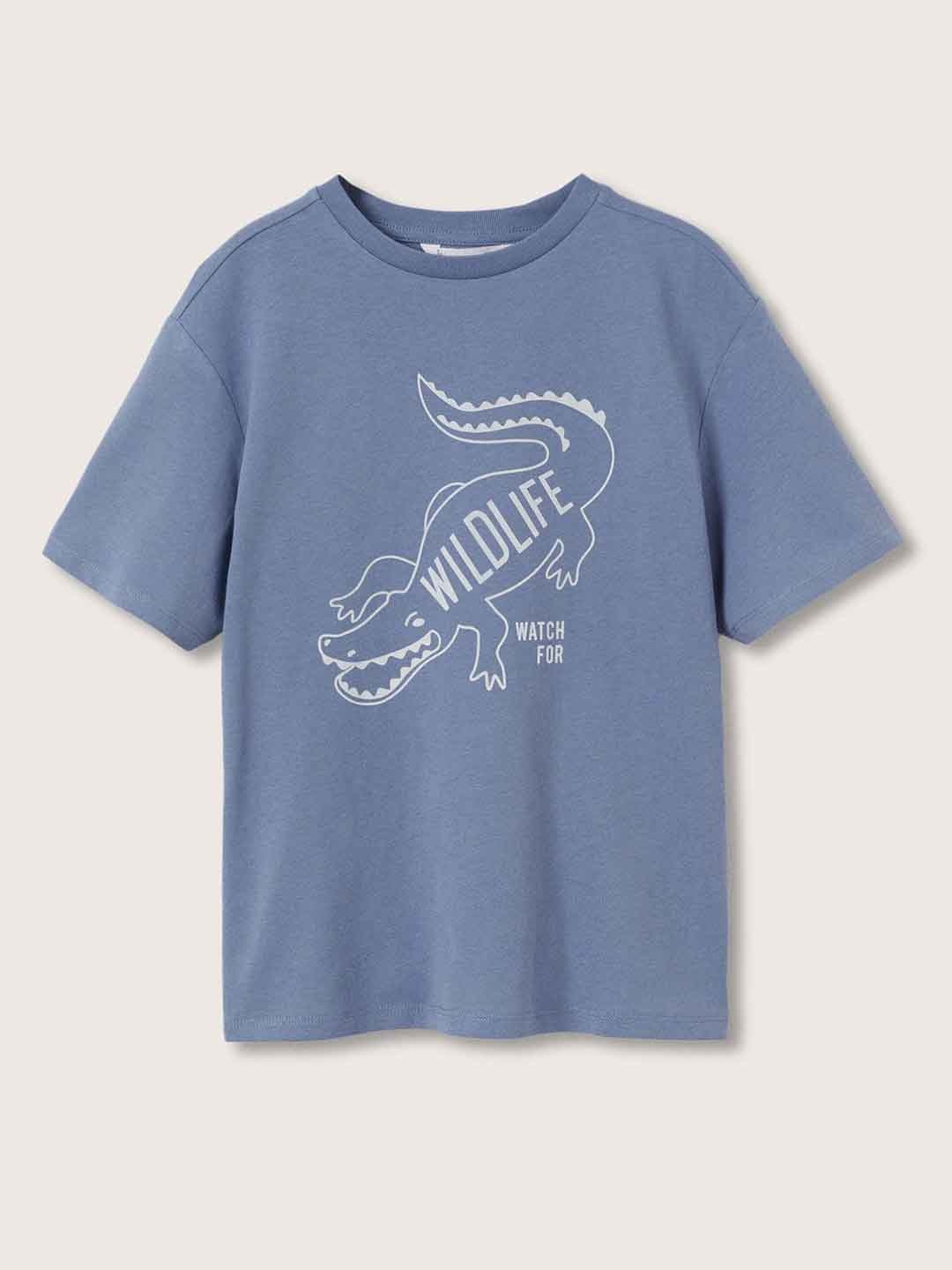 

Mango Kids Boys Blue & White Typography & Crocodile Printed Pure Cotton T-shirt