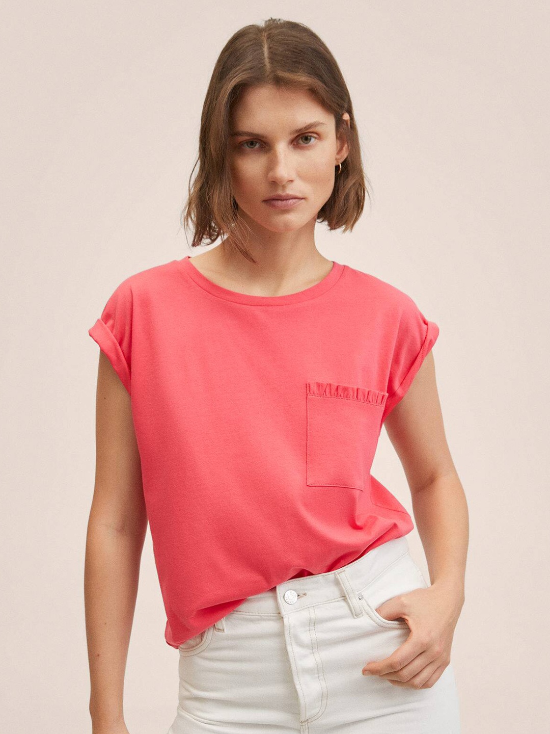 

MANGO Women Pink Extended Sleeves Pure Cotton T-shirt