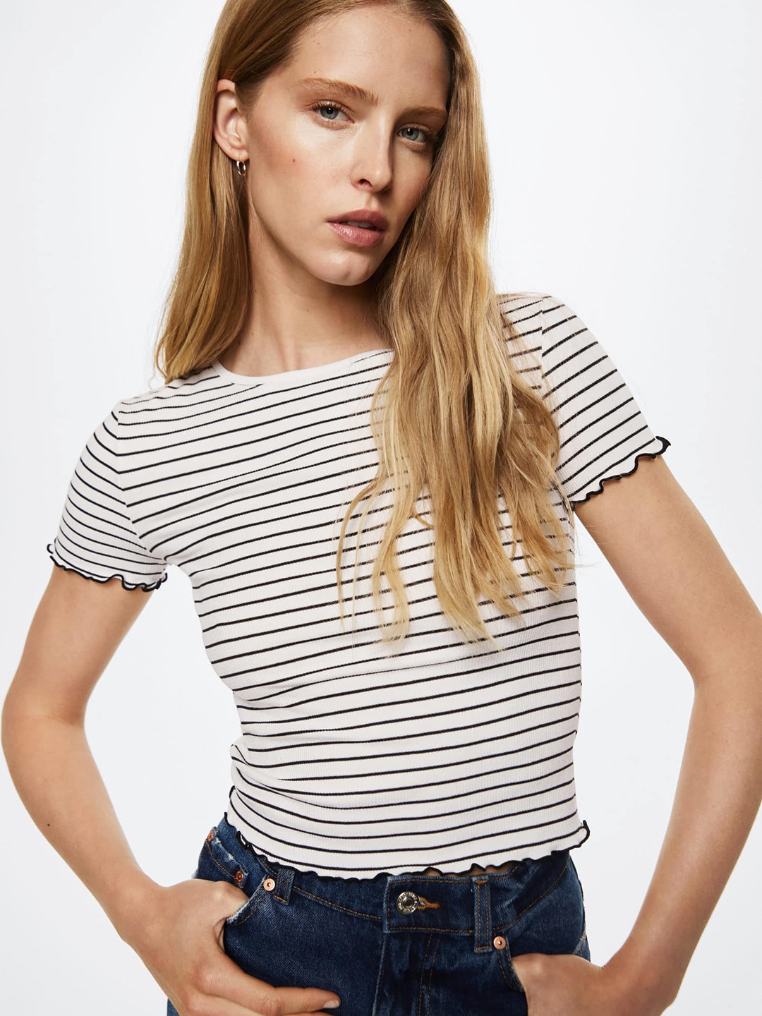 

MANGO White & Black Striped Top