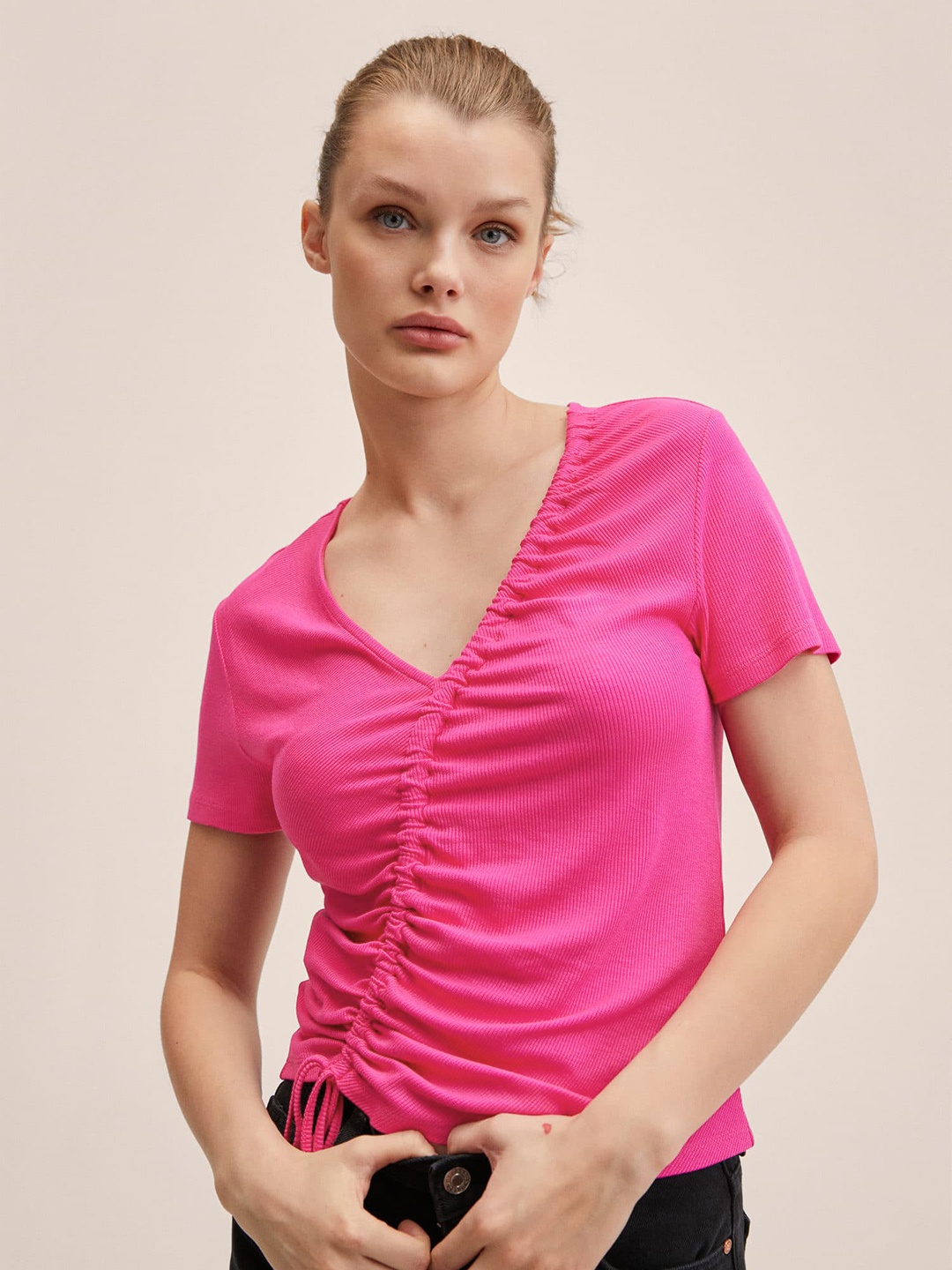 

MANGO Pink Solid Ruched Top