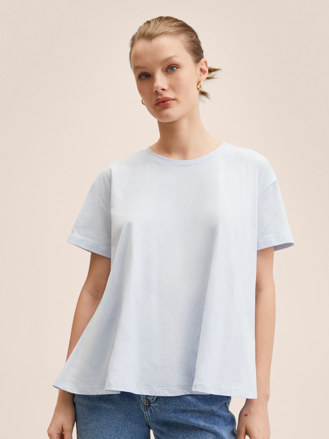

MANGO Women Blue Solid Drop-Shoulder Sleeves Pure Cotton T-shirt