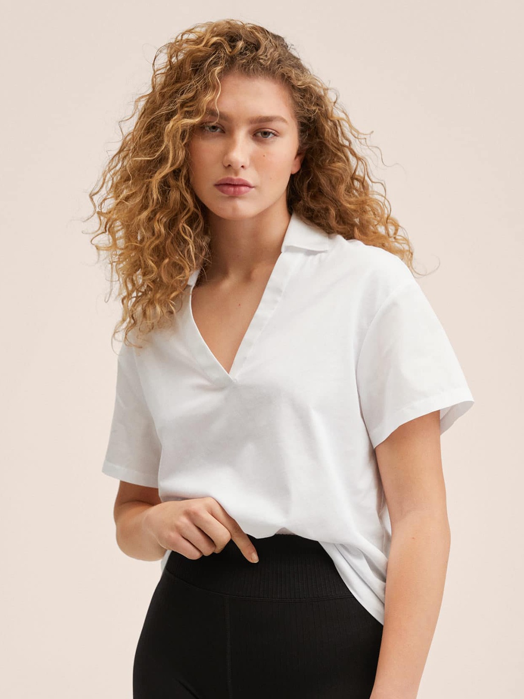 

MANGO Women White Solid Polo Collar Drop-Shoulder Sleeves Pure Cotton T-shirt