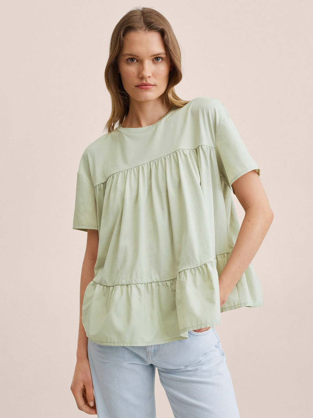 

MANGO Green Solid Cotton Extended Sleeves Top