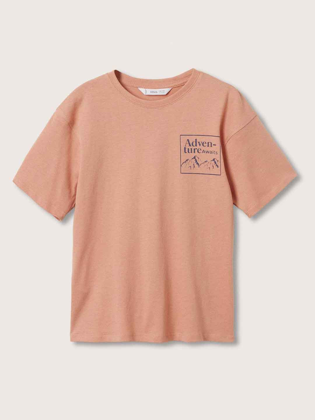 

Mango Kids Boys Peach-Coloured & Navy Blue Typography Print Detail Pure Cotton T-shirt