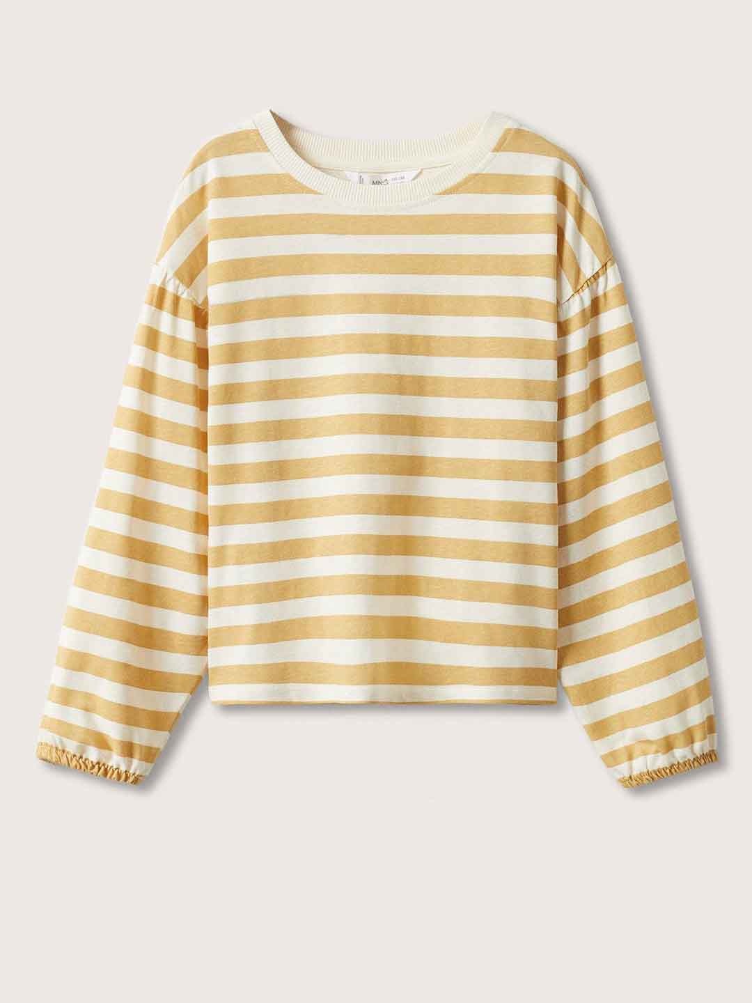 

Mango Kids Girls Beige & Mustard Yellow Striped Puff Sleeves Cotton T-shirt