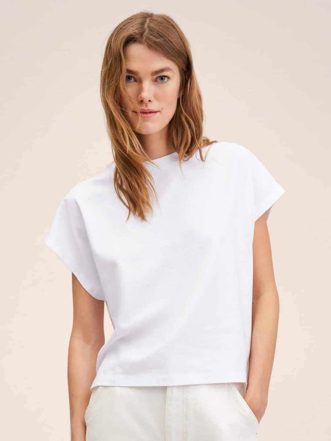 

MANGO Women White Solid Extended Sleeves Pure Cotton T-shirt