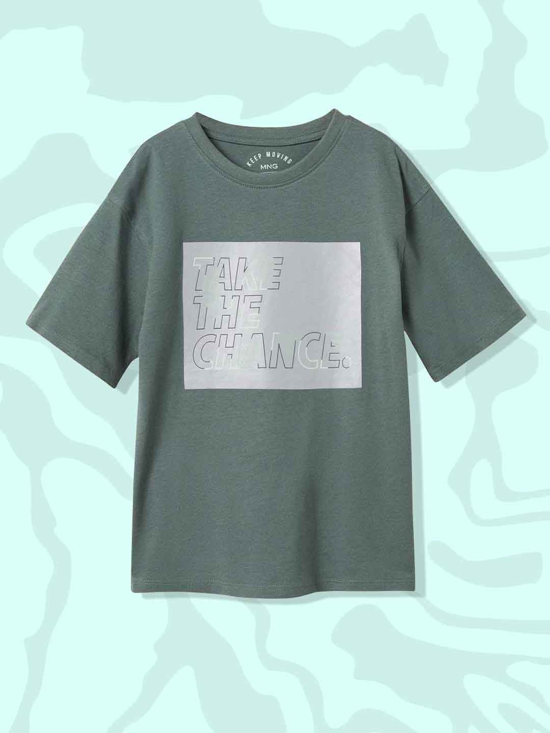 

Mango Kids Boys Green & Silver Typography Printed Pure Cotton T-shirt